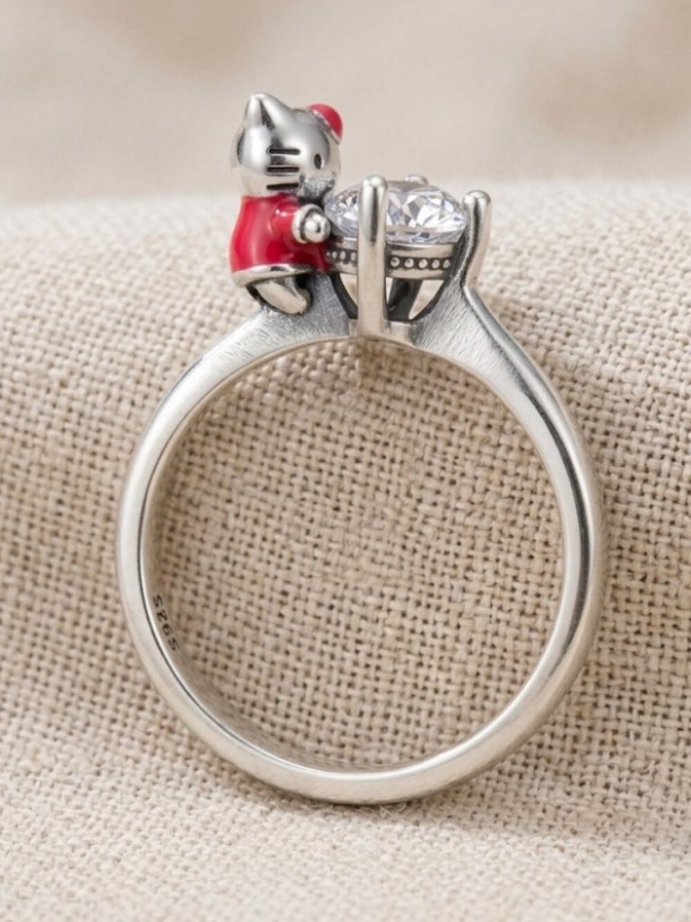 Sterling Silver Red Cat Accent Ring with Cubic Zirconia